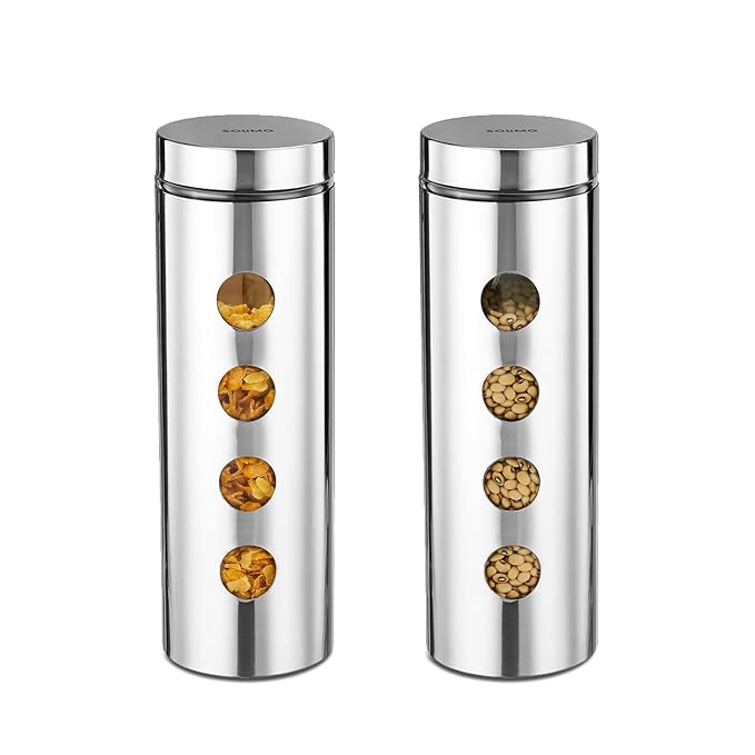 Amazon Brand - Solimo Drip Window Steel Jacketed Glass Jar | Set of 2 | Multipurpose Kitchen Organizer with See-Through Window | 2000 ml | Transparent