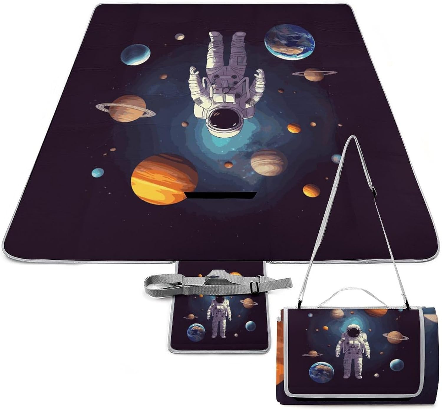 Astronaut Solar System Planets Waterproof Picnic Blanket 58.3''x58.3'',Portable and Foldable Picnic Mat with Handle,Outdoor Blankets for Lawn Park Beach Travel