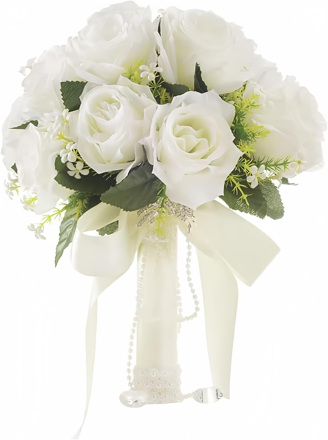 Wowagoga 12 Inch Wedding Bouquet with Pearl Crystals Ribbons,Artificial Rose Flower for Bride Bridesmaids Artificial Fake Flowers Fake Flowers Toss Bouquet for Wedding Party Church(White)