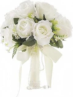 Wowagoga 12 Inch Wedding Bouquet with Pearl Crystals Ribbons,Artificial ...