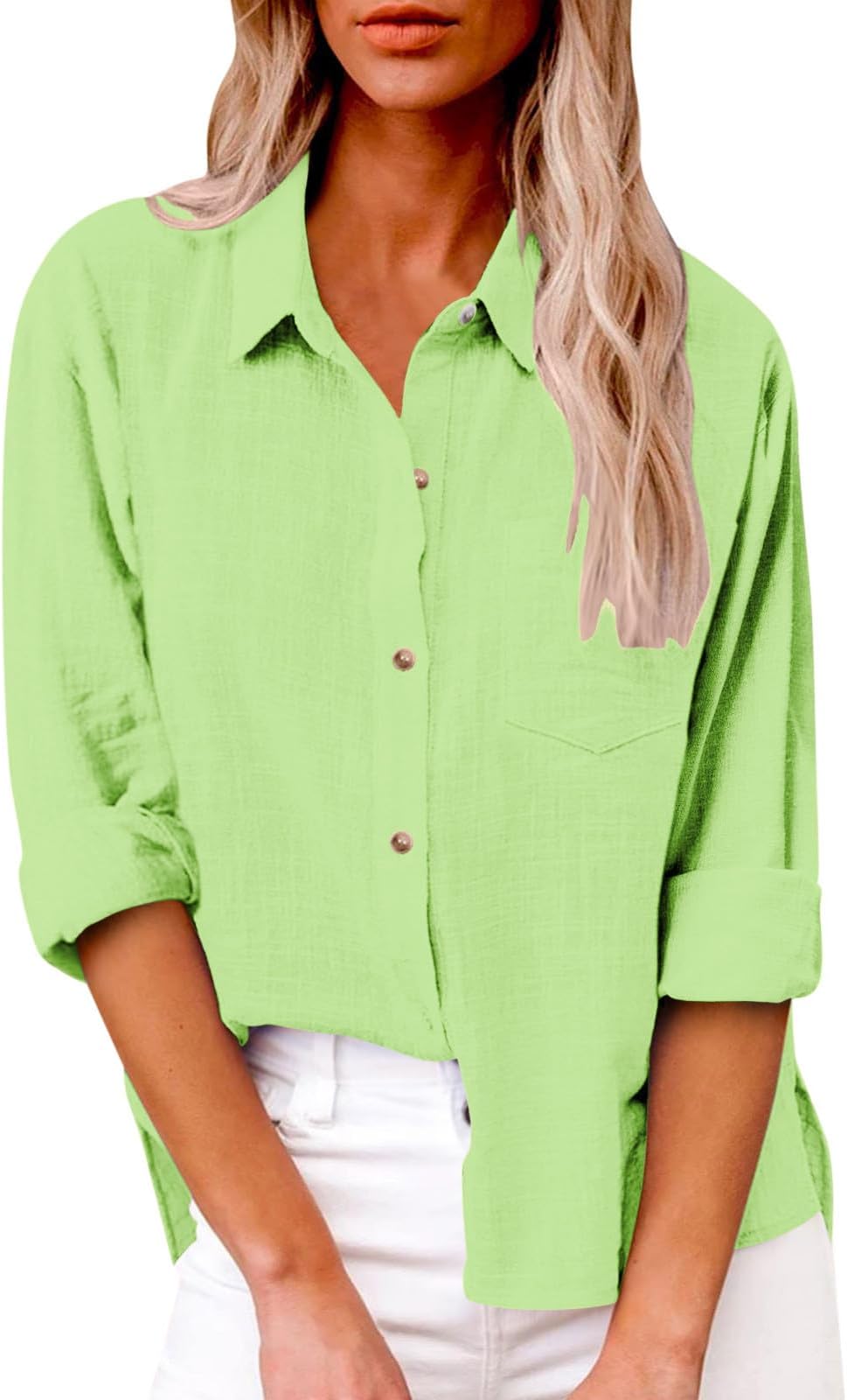 2024 Womens Cotton Linen Button Down Shirt Summer Casual Long Sleeve Solid Color Shirts Loose Work Tops with Pockets