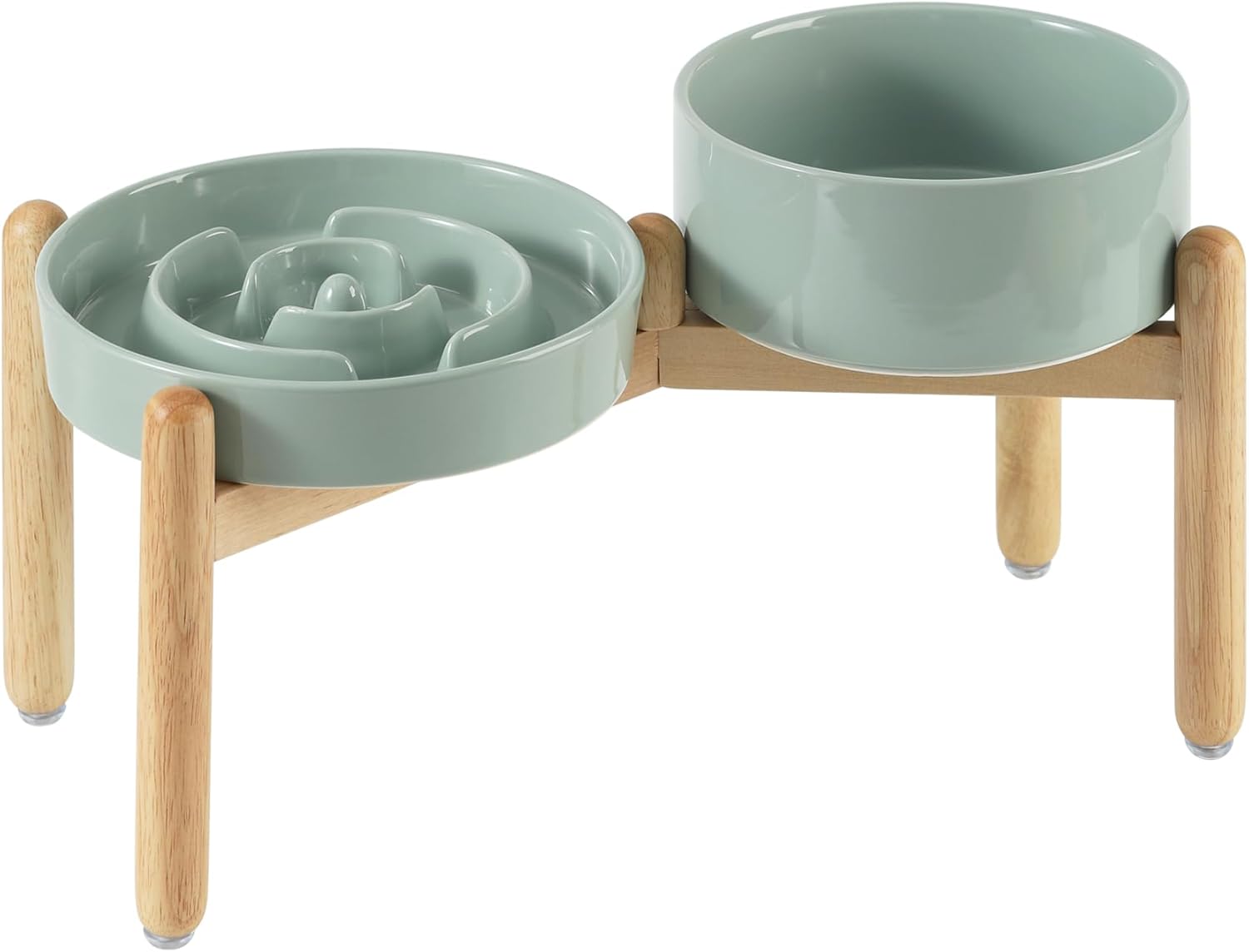 Ceramic Raised Slow Feeder Dog Bowl Set, Elevated 7.3inch Bowl and 8.2inch Puzzle Slow Dish with Wooden Stand for Medium and Large Dog, Anti-Gulping (2X Light Green+ Stand) 8.2inch 2 xLight Green+ Stand- A