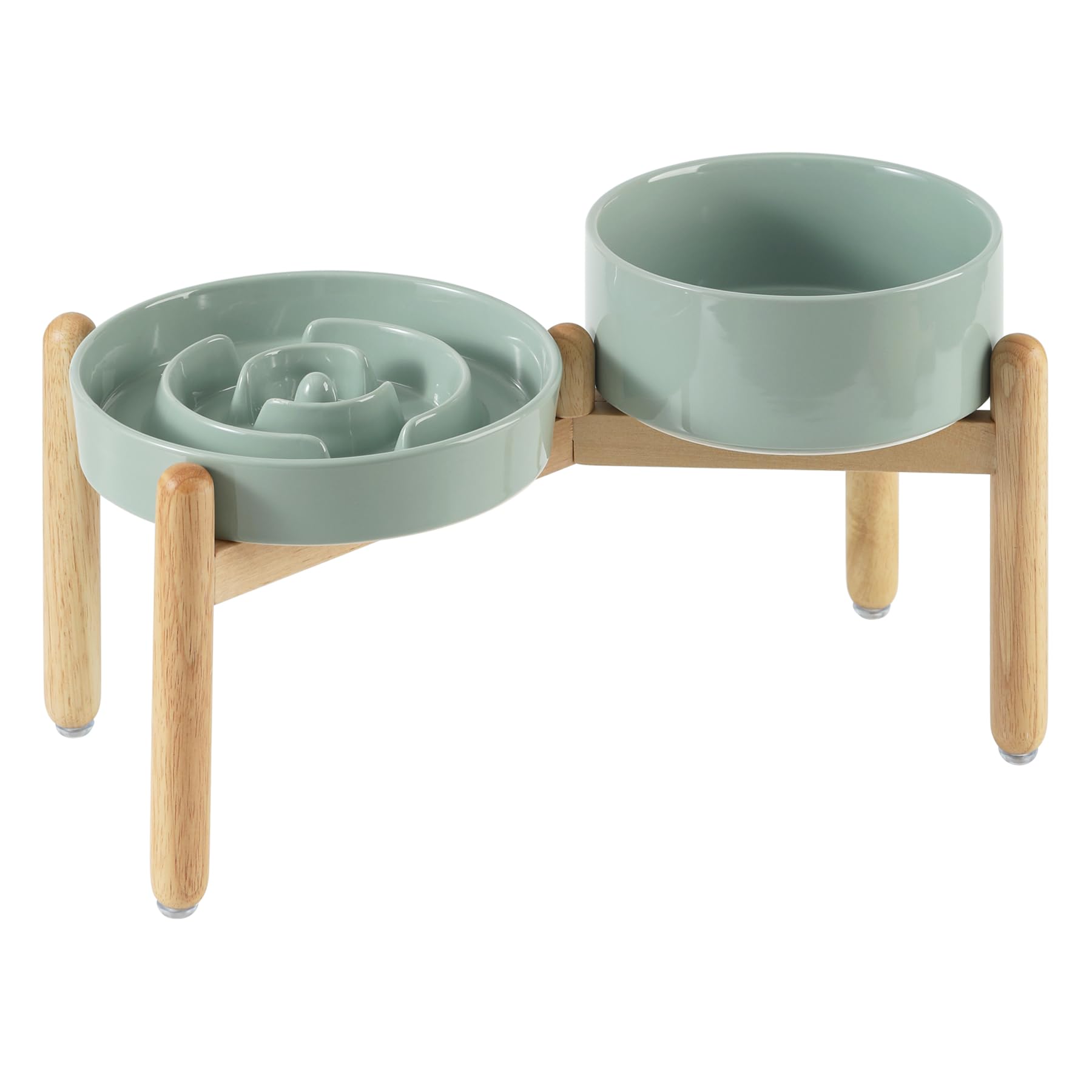 Havniva Ceramic Raised Slow Feeder Dog Bowl Set, Elevated 7.3inch Bowl and 8.2inch Puzzle Slow Dish with Wooden Stand for Medium and Large Dog, Anti-Gulping (2X Light Green+ Stand)