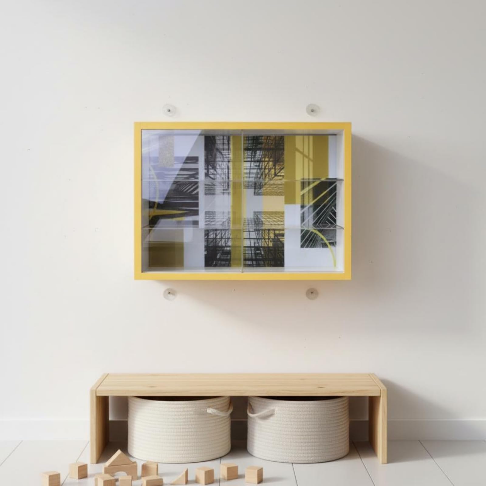 Colcolo Vitrina para Miniatura Vitrina Expositor , Amarillo , Patrón Geométrico con Marco Amarillo