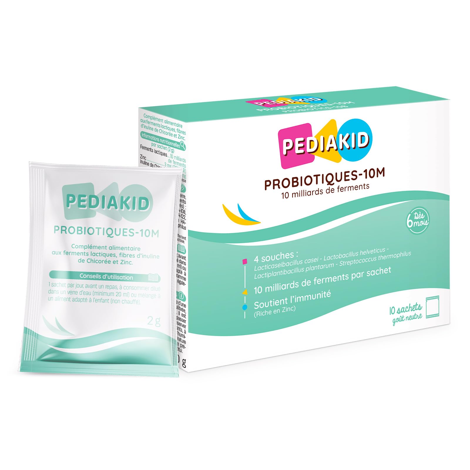 PEDIAKID - Probiotiques-​10M - Rééquilibre la flore intestinale - Apporte 10 milliards de ferments lactiques - Soutient l'immunité - Dès 6 mois- Etui de 10 sachets