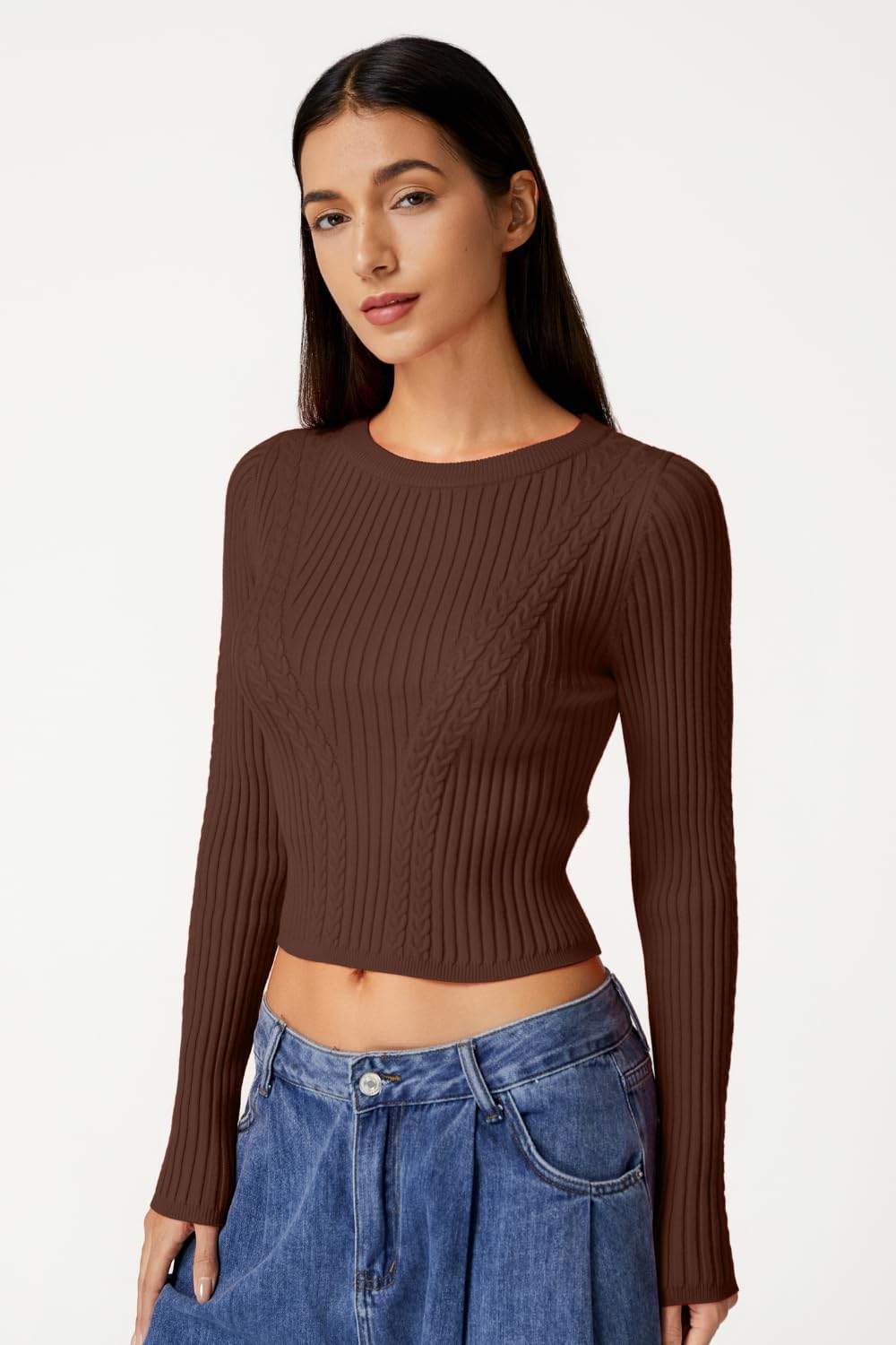 QINSEN Womens Cable Knit Crewneck Sweaters Ribbed Hem Slim Fit Long Sleeve Pullover Crop Tops - Image 2