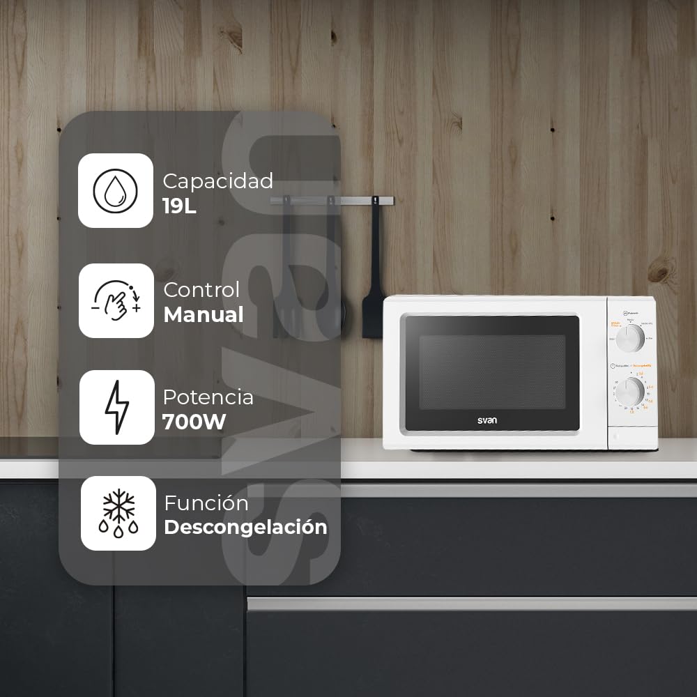 Svan Micro-ondes 19 Litres Basique Pose libre, Blanc SMW19700. 700W, 5 Programmes, Commande Manuelle, Mode Décongélation, Cavité Émaillée, Nettoyage Facile, Minuterie 30min