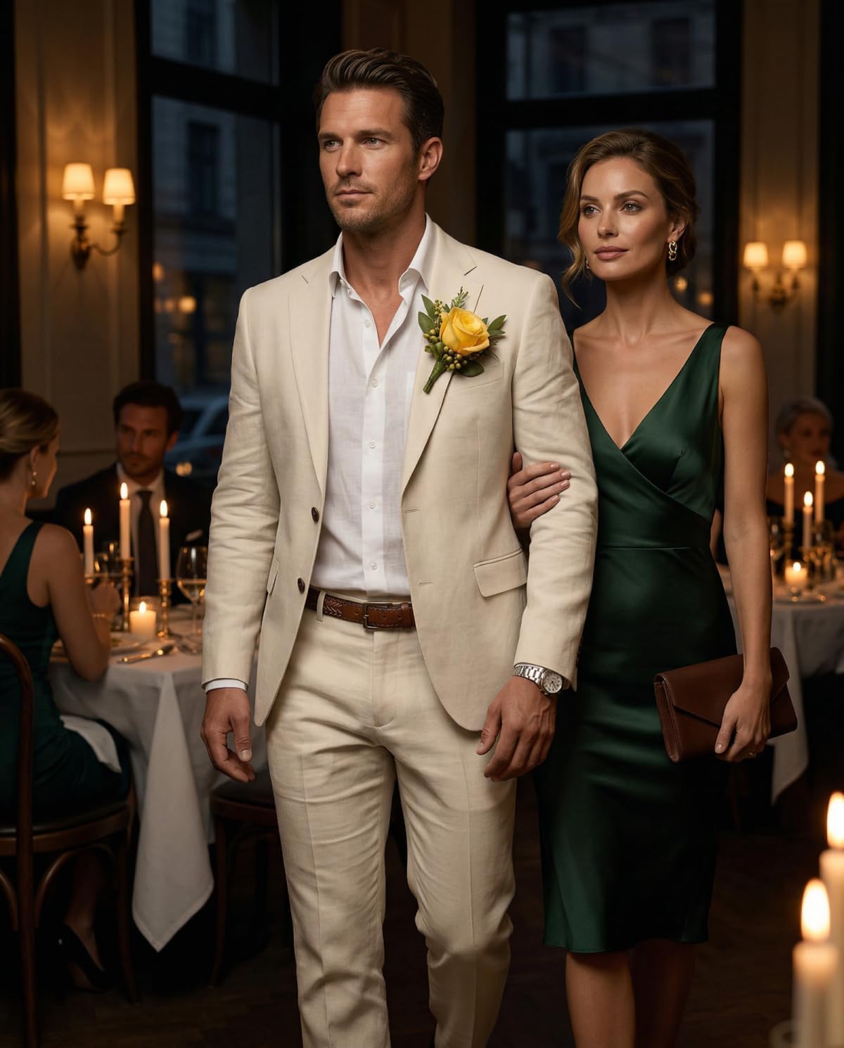 Wehilion Men's 2 Piece Linen Suit Slim Fit Lightweight Breathable Blazer Pants Set for Summer Beach Wedding Business Casual