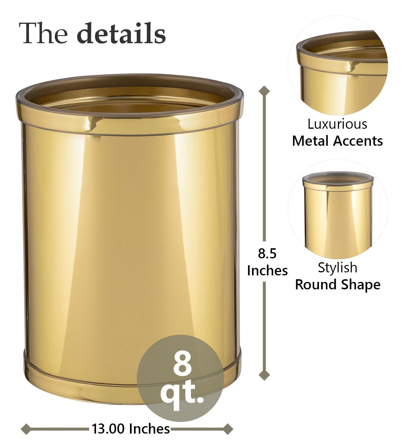 Kraftware Mylar Round Waste Basket, 11", Polished Brass Color