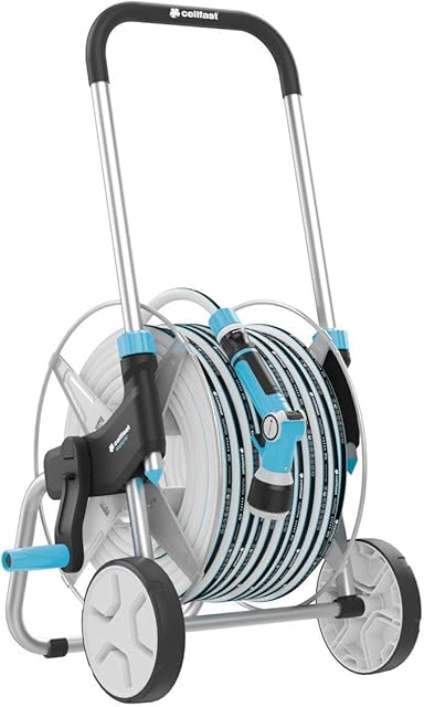 Cellfast Wózek na wąż, zestaw EXPLORER, Wysoka jakość stal i aluminium, Łatwe i stabilne prowadzenie, Gumowany uchwyt rączki, wąż ogrodowy MULTIFLEX ATSV 1/2",50m, 55-060