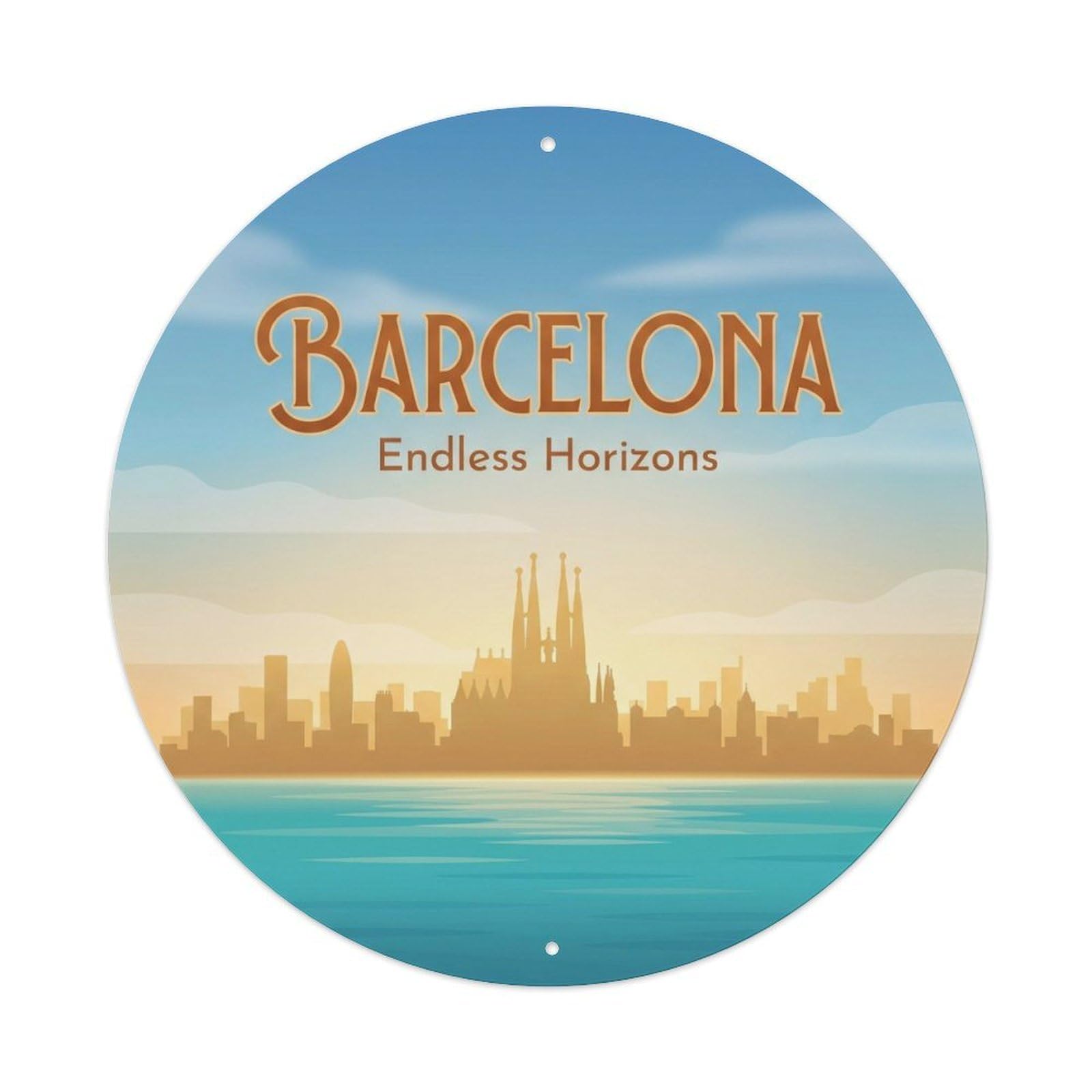 Vintage Travel Barcelona Horizon Mediterranean View Metal Tin Sign Plaque Wall Decor for Cafe, Club, Garden Round Metal Poster 8x8Inch