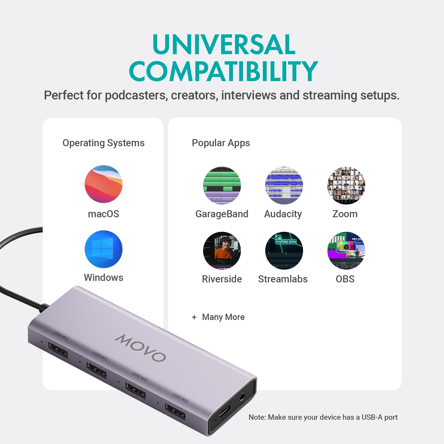 Movo Set di apparecchiature per podcast USB per 2 - Interfaccia USB con 2 microfoni a condensatore UM700 - Hub alimentato a 4 porte per streaming, podcasting, interviste (con 2 microfoni)