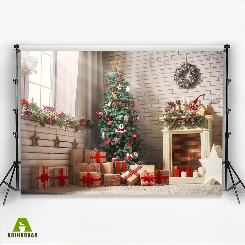 Aoihrraan 3x2m Navidad Telón De Fondo ?rbol Navidad Sol Ventanas Chimenea Regalos Rojos Corona Marrón Pared Ladrillo Rústico Fondo Fotografía Ni?os Adultos Retrato Familiar Accesorios Estudio Foto