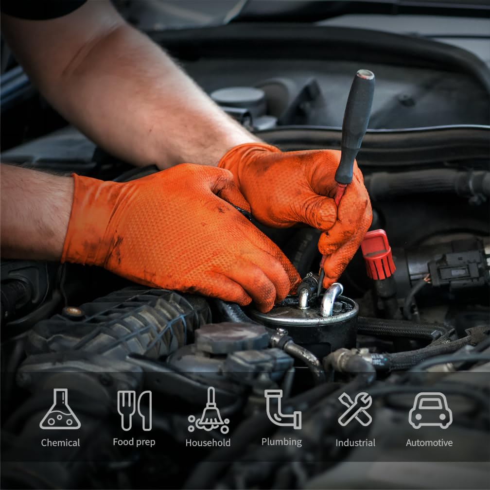 ANBOSON 10mil Nitrile-Gloves Disposable-Orange Chemical-Resistant Rubber - Mechanic Gloves Heavy Duty, Latex Free, Diamond Grip (500, X-Large)