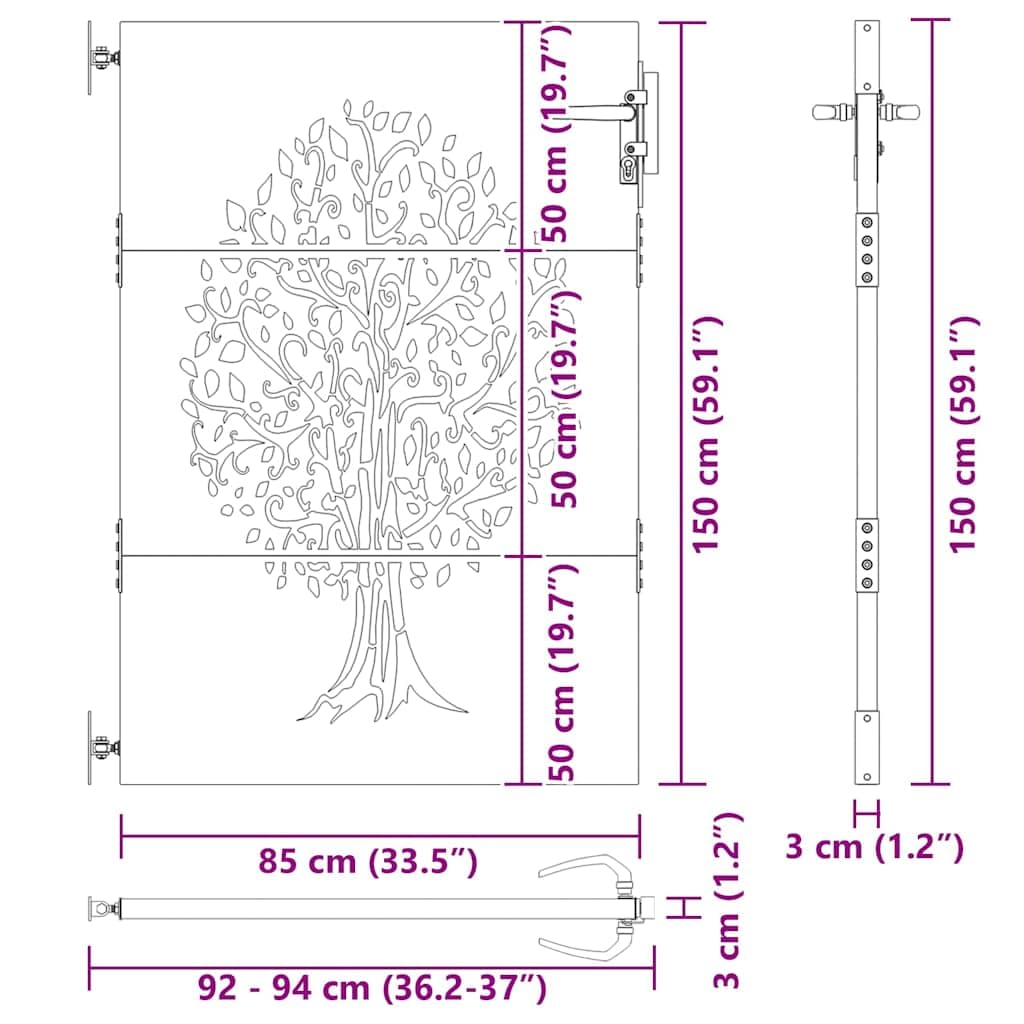 Portail Jardin Noir 85x150 cm Acier Peint par Poudre Motif Arbre Découpé Laser Portillon Clôture Extérieur Terrasse Balcon Entrée Sécurité Verrou Pêne Dormant Résistant Intempéries intempéries