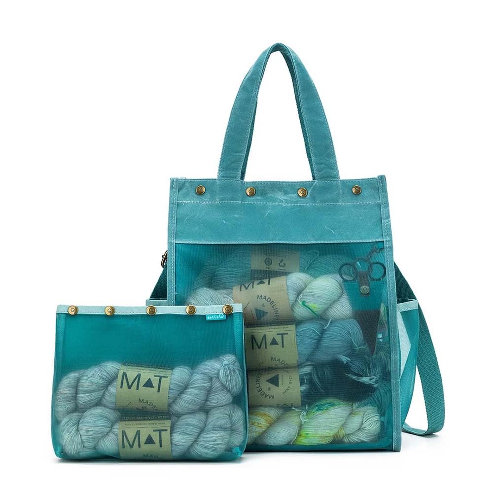Della Q Makers Tall Mesh Tote Handbag-Adjustable Shoulder Strap, for All Yarn and Projects, Canvas, Teal, 35cm x 27cm x 15cm