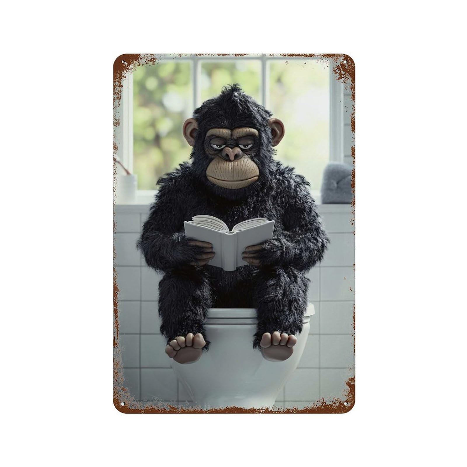 Chimpanzee Reading on The Toilet Aged Metal Wall Plaque 11.8"x7.9", Ideal for Garage, Bar And Workshop Decor