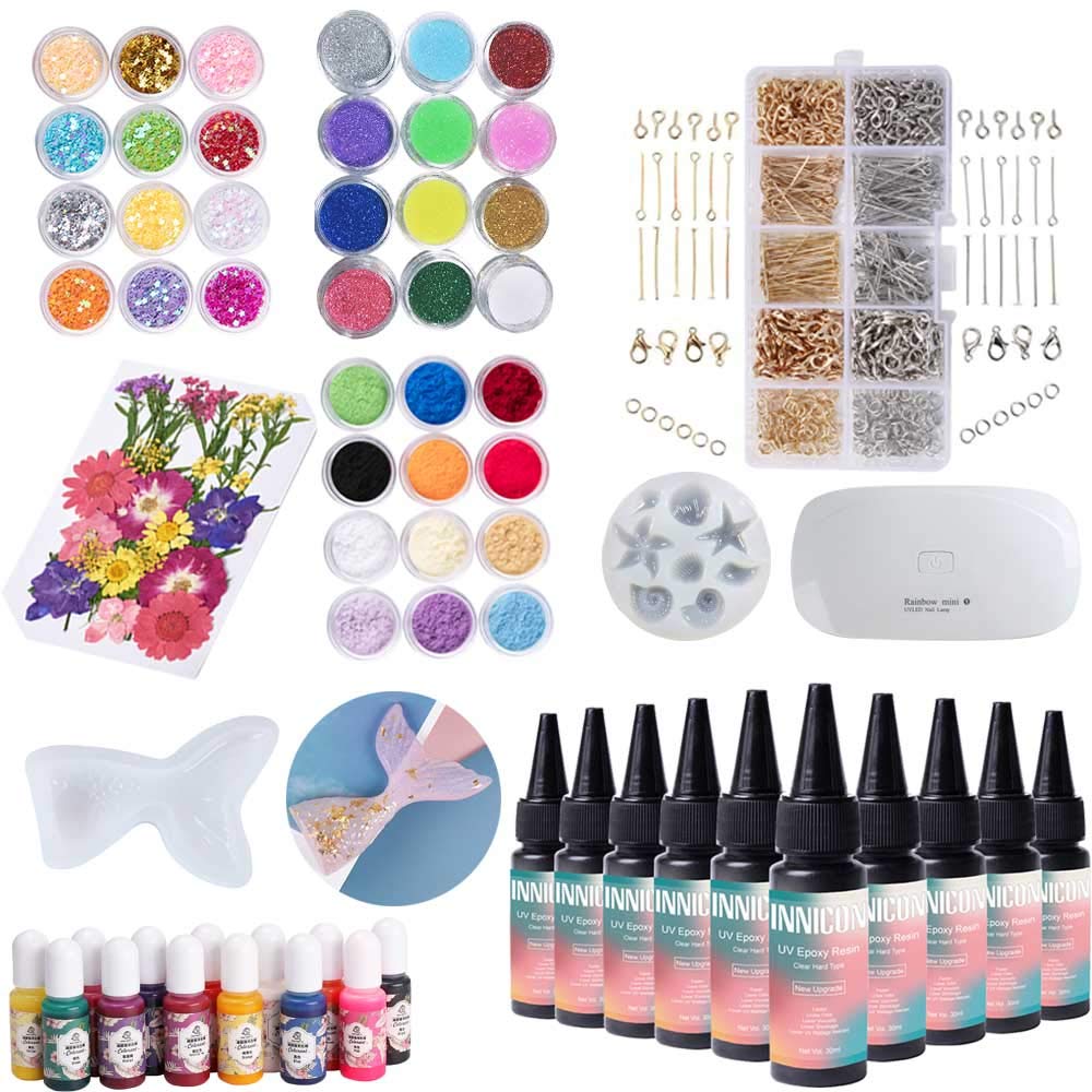 Kit di Strumenti per Gel Colla epossidica in Resina UV, Campione di Fiori secchi con pigmenti in Fiocchi per Orecchini Fai-da-Te di Design per Collana, Trasparente, 300 ml, con Lampada UV