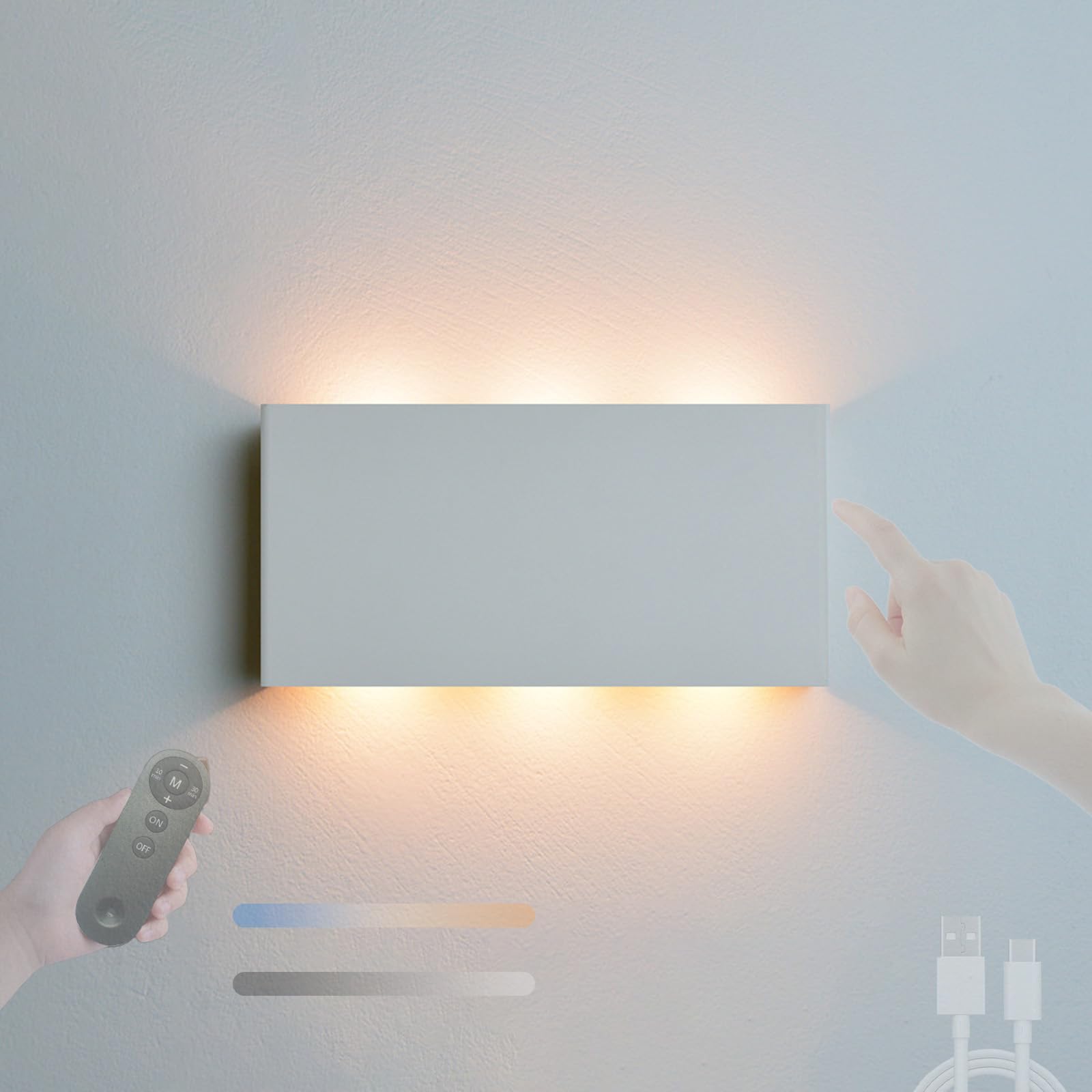 LED Apliques de Pared Interior con Mando Distancia 2700K-6500K Regulable Lámpara de Pared con Interruptor de Control Táctil Iluminación de Pared Carga USB Para Dormitorio (Blanco,1 Pieza)