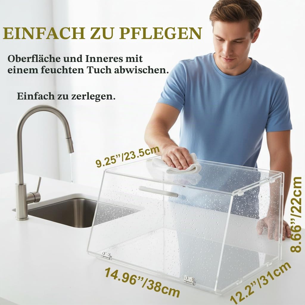 Stapelbare Bäckerei-Vitrine aus Acryl, für Gebäck, Arbeitsplatte, Organizer, Aufbewahrungsbehälter für Bagels, Brot, 38 x 16,5 x 30,5 cm, schräge Tür mit 2 Edelstahlscharnieren, LJ039K