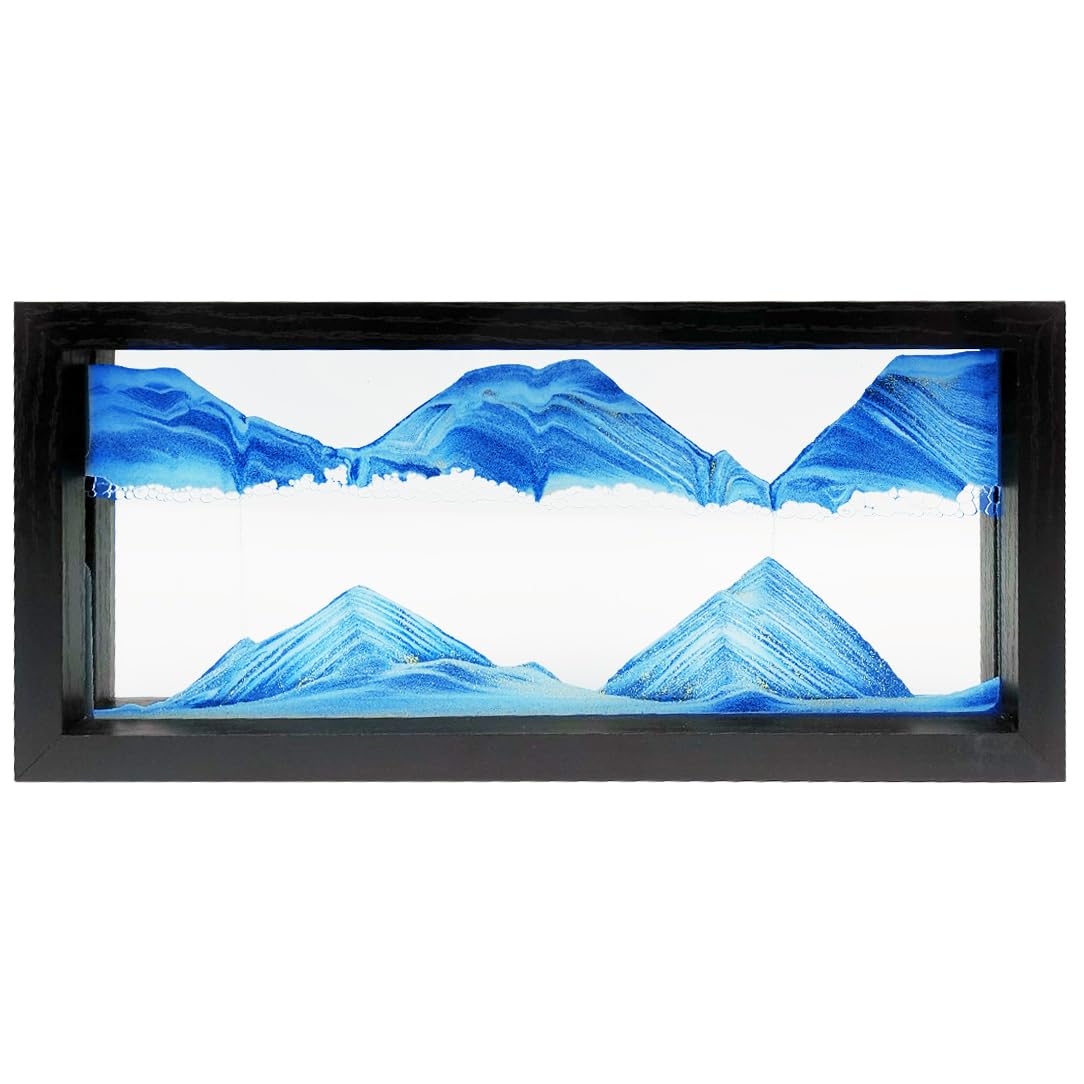 Sand Art, 39x20cm Square Wood Frame 3D Moving Sand Art Picture Deep Sea Sandscape in Motion Display Flowing Sand for Home Office Work Decor - Black/Blue