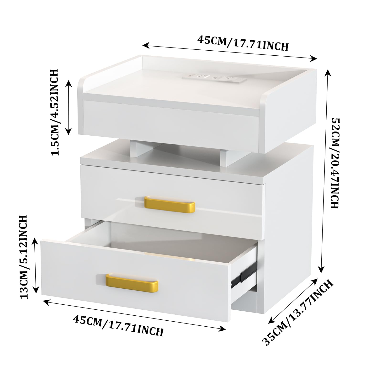 Comodino Bianco Con Luci LED RGB, 2 Cassetti E Prese USB – Design Moderno Per Camera Da Letto O Soggiorno (45x35x65 Cm) - 3