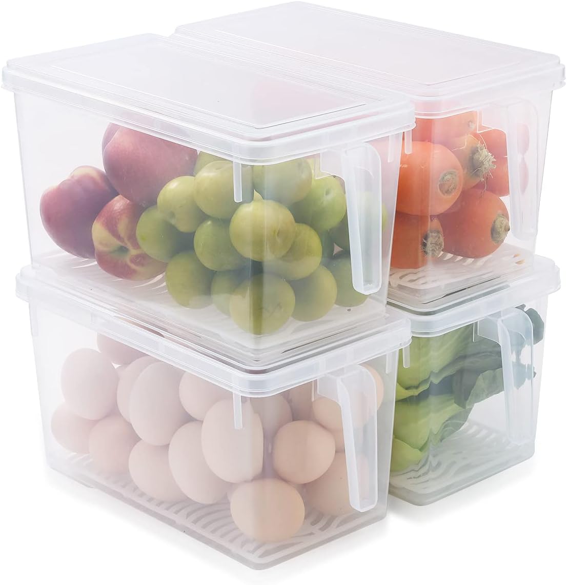 HapiLeap Refrigerator Organizer Bins- Stackable Fridge Organizer Food Storage Containers with Removable Drain Tray for Eggs, Fruits, Vegetables, Meat and Fish (4 Pack)