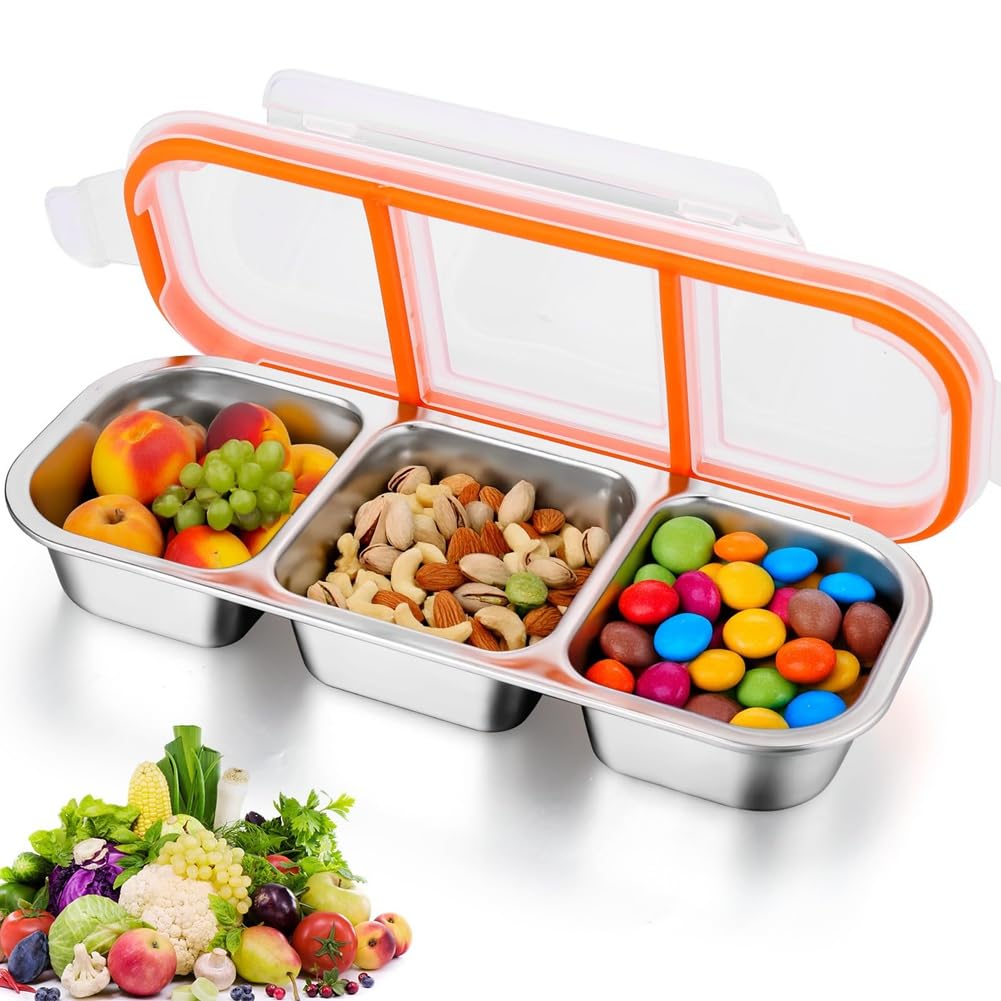 CTRLZS Reusable Snack Container, Stainless Steel Snack Containers with Lids, 3 Compartment Food Container, Metal Snack Containers