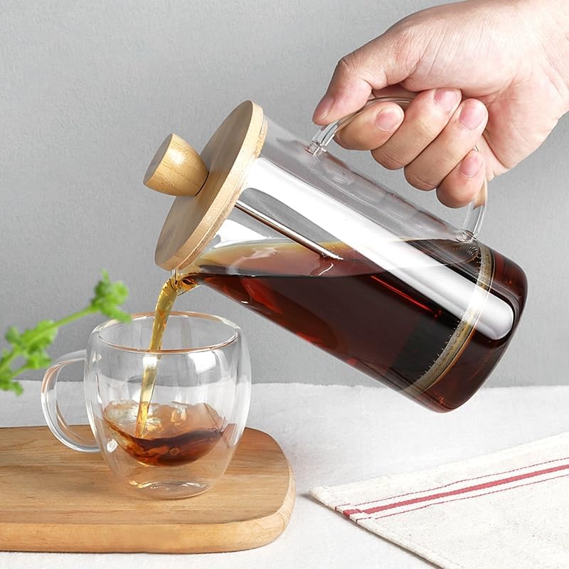 Image of SINVEXA 800ml French Press Coffee Maker - Premium Borosilicate Glass Coffee Maker with Wooden Lid & Cork Base, Stainless Steel Filter Mesh, Heat Resistant, Durable [Pack of 1]