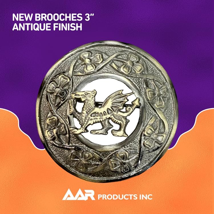 AAR Men,s Scottish Irish Shamrock Kilt Brooch Fly Plaid Antique/Chrome Finish 3" (7cm) diameter S - Image 3