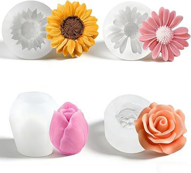 4 PCS Flower Silicone Candle Molds Set Rose,Tulip,Daisy, Sunflower,3D Candle Mold Flower Shapes Moldes De Rosas Silicona para Velas for DIY Candles,Soap,Soy Wax,Beeswax,Candle Making,Resin Craft