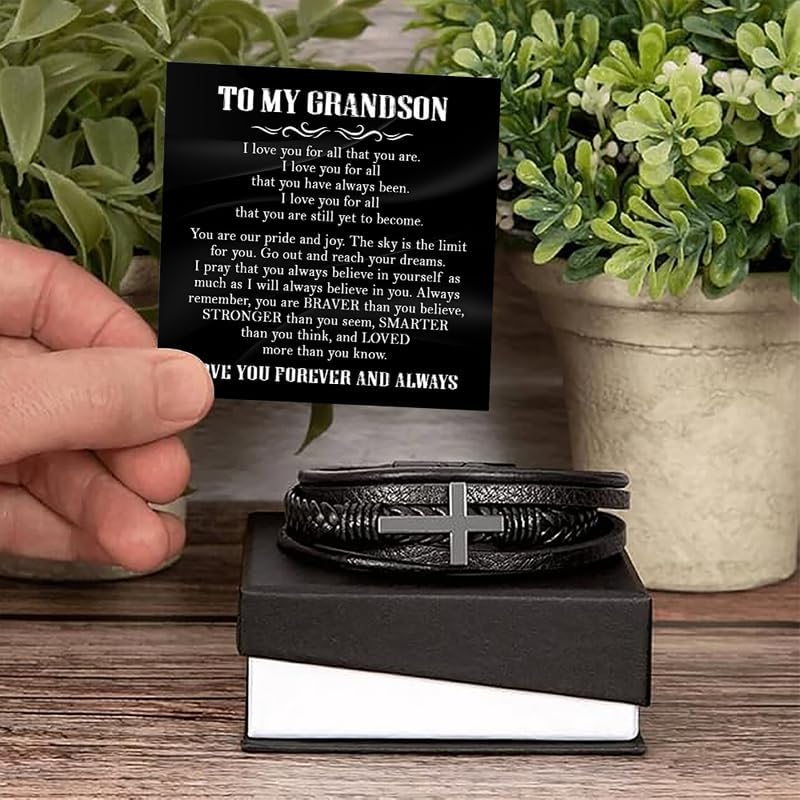 To My Grandson Cross Bracelet from Grandma and Grandpa, Braided Leather Bracelet For Grandson From Grandparents, Graduation Gift For Grandson, Grandson Birthday With Message Card - Image 3