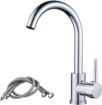 Kitchen Mixer Taps, Stainless Steel Single Lever Kitchen Monobloc Sink Tap with Swivel Spout and Hoses, Chrome Brass