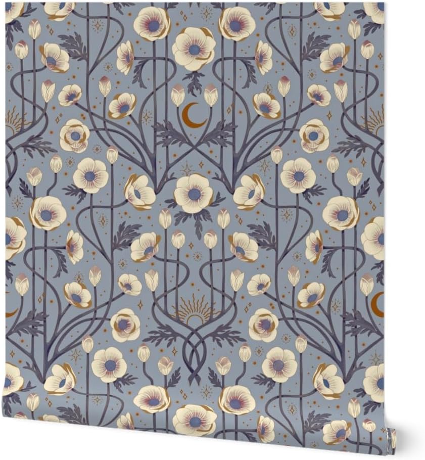 Removable Wallpaper Swatch - Art Nouveau Boho Floral Deco Flowers Celestial Anemone Moon Custom Pre-Pasted Wallpaper by Spoonflower