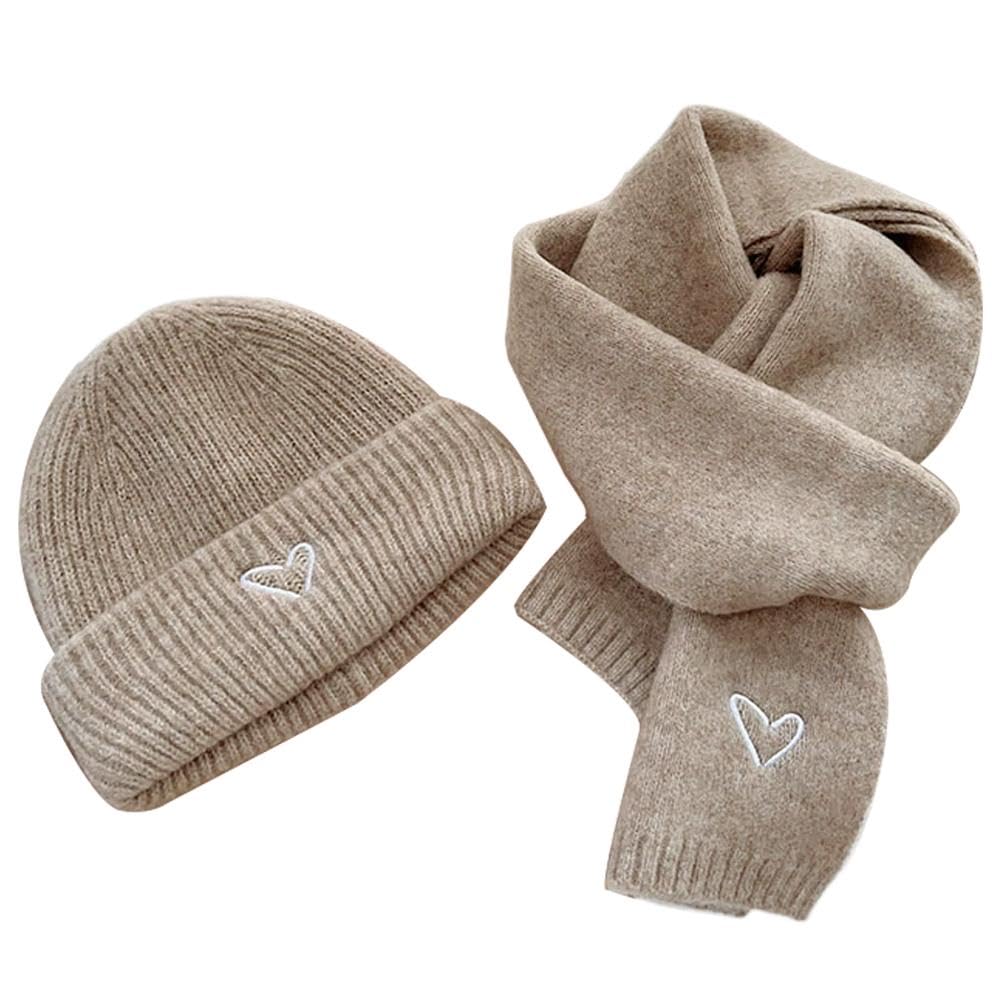 Knitted Bonnet and Scarf Set with Heart Embroidery,Soft & Breathable,Solid Winter Hat Scarf Set,for women and men