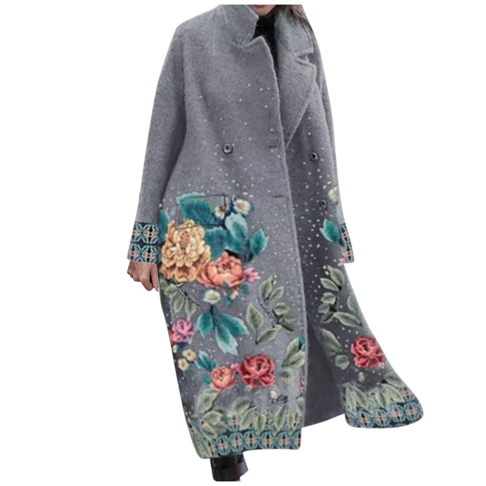 FUPODD Wintermantel Damen Elegant Lang Blumen Wollmantel Damen Winter Warm Mantel Lange Winterjacke Revers Zweireihig Trenchcoat Wolle Damenmantel Mit Taschen Tweed Mäntel Frauen Blumenmuster Coat