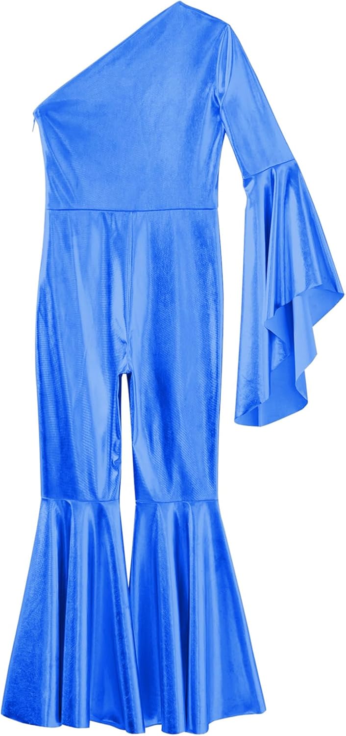Girls Metallic Hip Hop Dance Jumpsuits Single Flared Sleeve Bell-Bottom Jazz Ballroom Dance Unitard Prom Party Wear