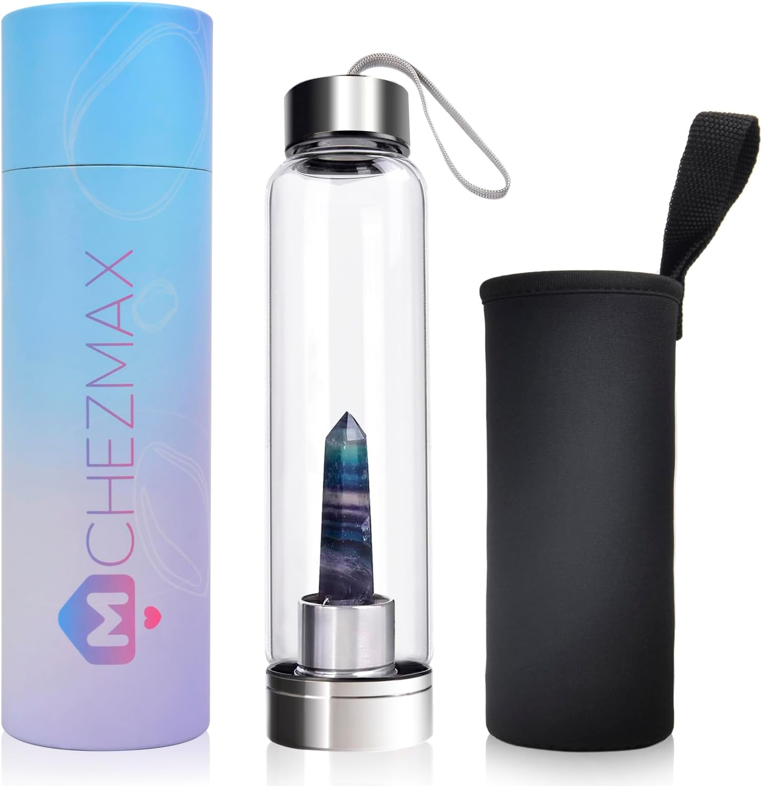 ChezMax Crystal Glass Water Bottle, Glass Water Bottle with Changeable Natural Crystal Center, Quartz Gemstone Water Bottle for Natural