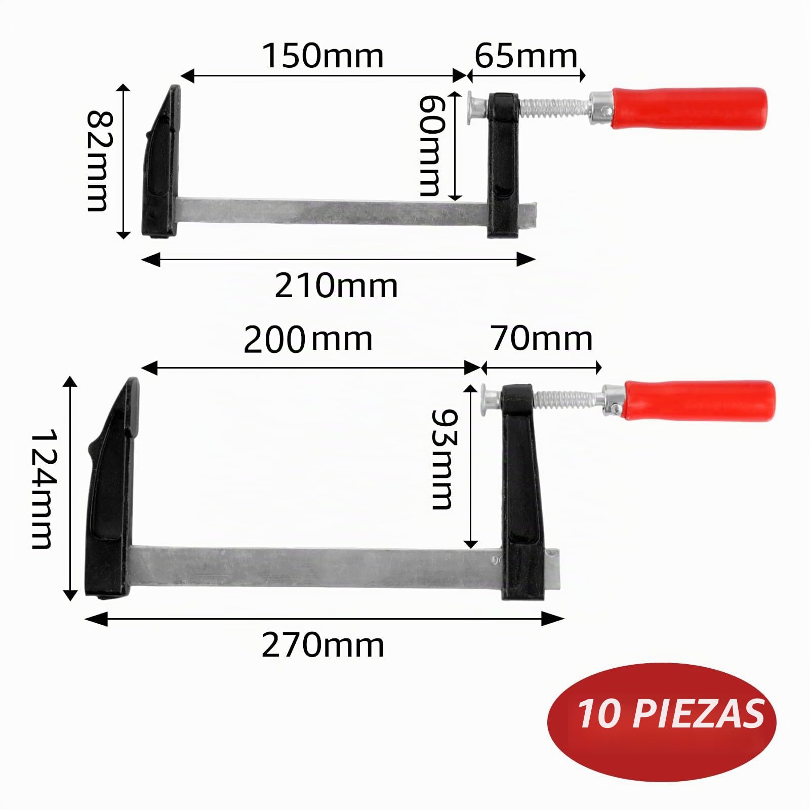 YAYODS Juego de 10 abrazaderas de tornillo, ancho de 150 mm/200 mm, profundidad de la mula de 50 mm/80 mm, pequeñas para madera, rieles de guía, fijación precisa
