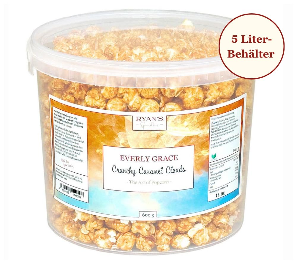 Everly Grace Popcorn – Crunchy Caramel Clouds, 600 g – Seau de popcorn au caramel sucré et vanille bourbon, fait main en Allemagne