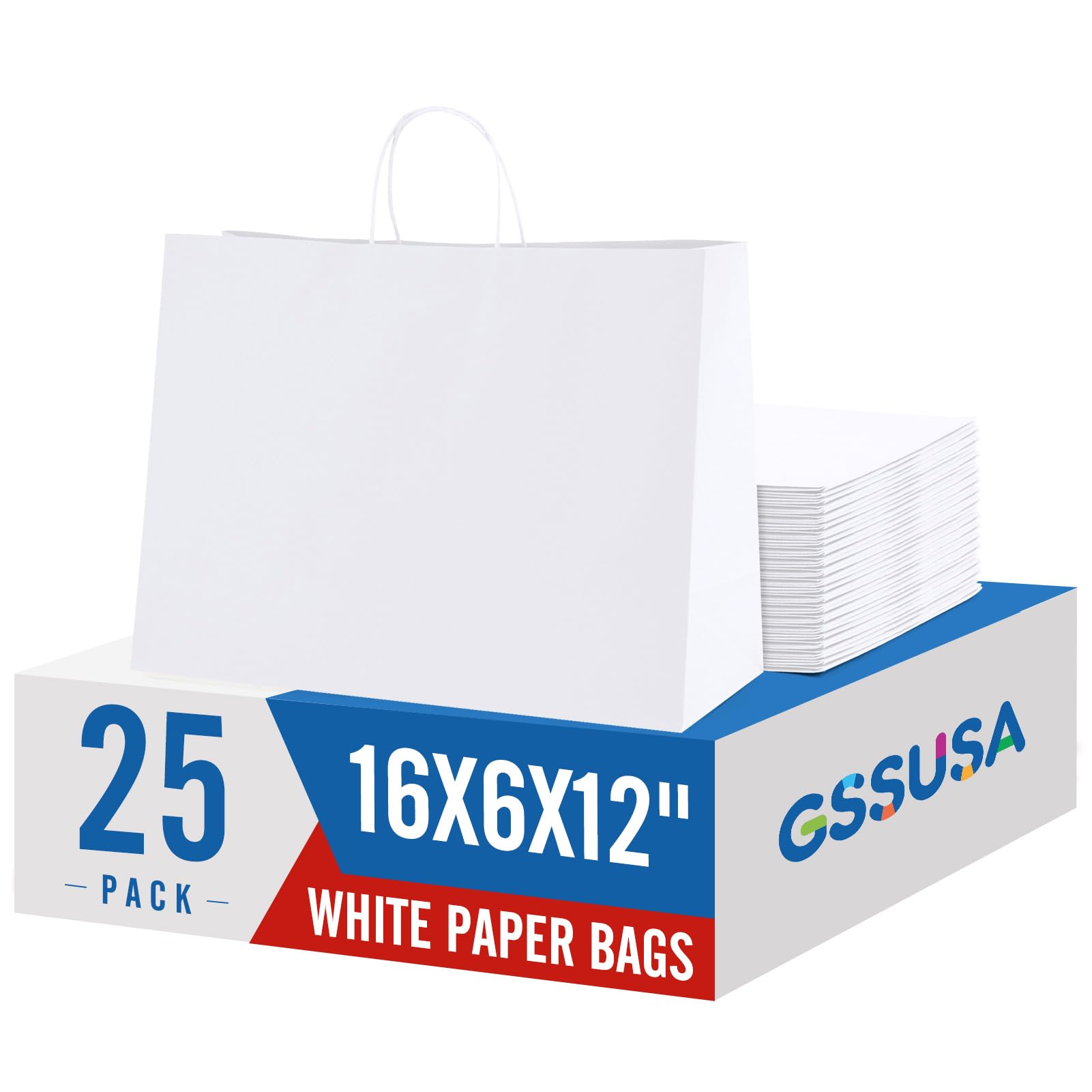 GSSUSA Large Paper Gift Bags 16x6x12'' 25Pcs White Paper Bags with Handles, Shopping Bag for Small Business, Sturdy Kraft Paper, for Boutique, Party Favor Bag, Valentine's Day Craft