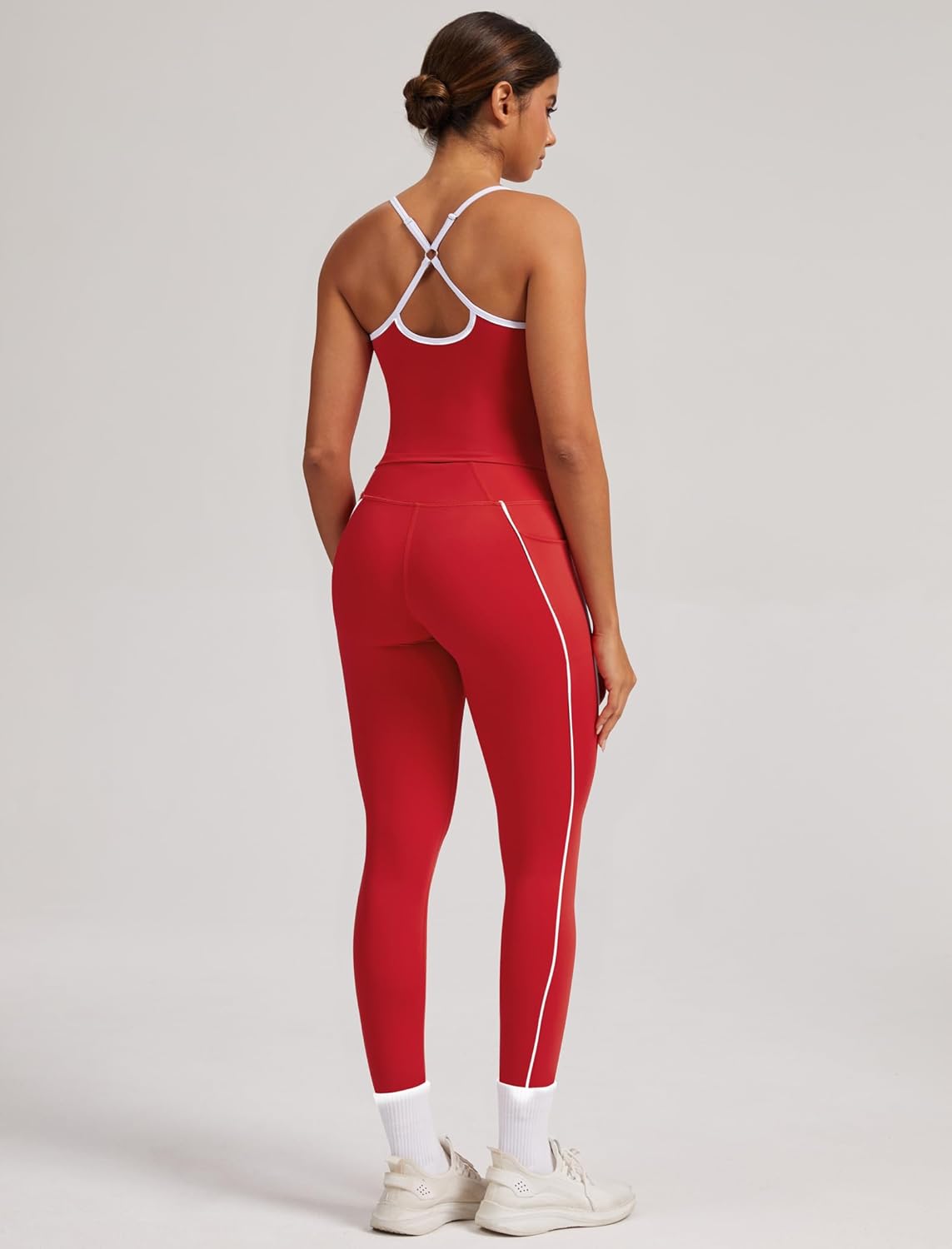 Women 2 Piece Workout Sets Cross Back Color Block Tank Tops Tummy Control Active Leggings Yoga Outfits with Pockets - Image 4