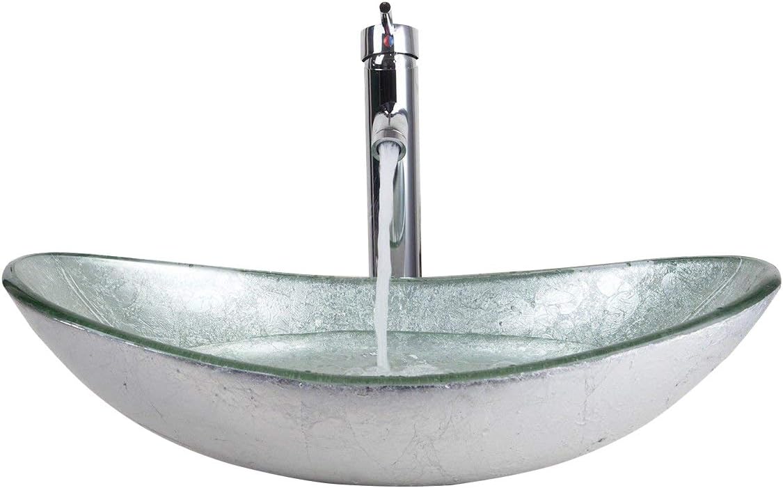 Yanksmark Silver Color Glass Wash Bowl Vessel Sink & Chrome Bathroom Faucet Finish Combo Set Come With Pop Up Drain
