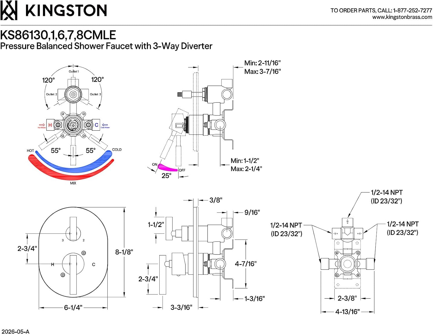 Kingston KS86137CMLE Pressure Balanced Shower Valve & Trim Set,BrushedBrass | Concord collection; With 3-way diverter - valve included; Solid brass construction for durability and reliability
