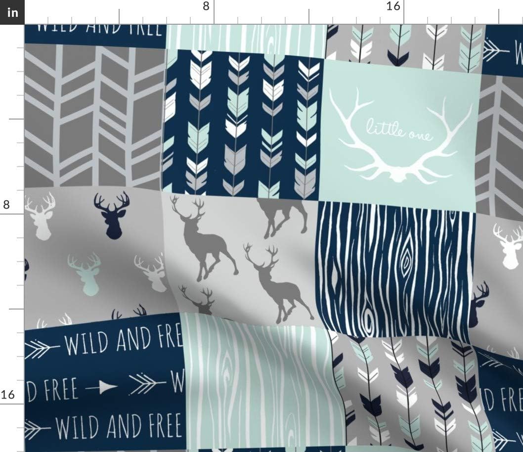 Spoonflower Fabric - Elk Stag Cheater Quilt Wholecloth Topper Patchwork Squares Blue Gray Printed on Petal Signature Cotton Fabric by The Yard - Sewing Quilting Apparel Crafts Decor