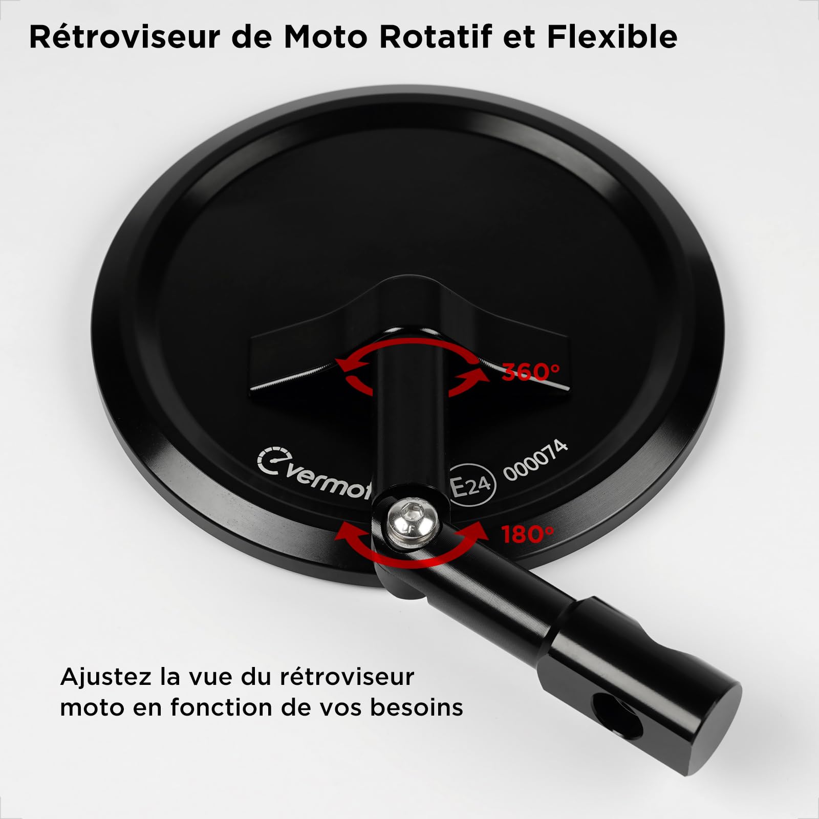 Evermotor Rétroviseur moto, Homologation E24, Rétroviseurs de guidon moto ajustables à 360°, Aluminium, Rond pour Scooters, ATVs, Mopeds, 2 pcs | 2 pièces réglables à 360° en aluminium pour Ø 22 mm et M8 rond pour scooter, ATV, cyclomoteur