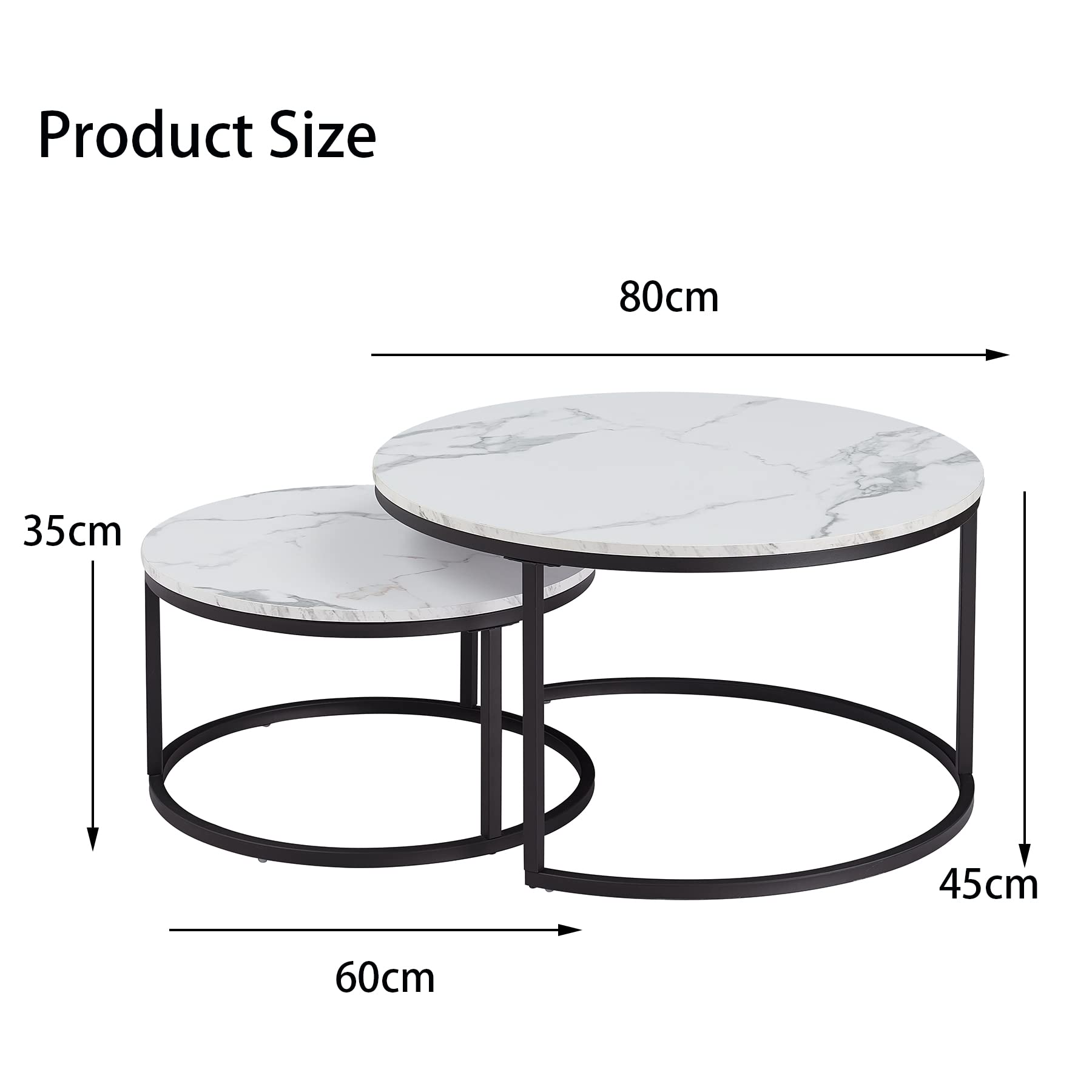 GrandCA HOME 2er Set Runder Couchtisch Beistelltisch (Marmorimitat) für das Wohnzimmer, Große Größe: 80x80x45cm; Kleine Größe: 60 x 60 x 35 cm,Schwarz