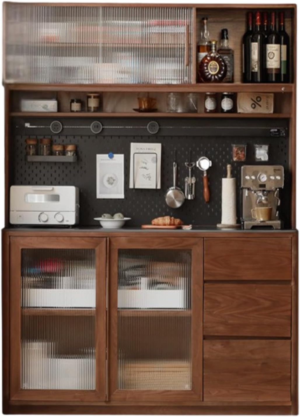 GVAwood Black Walnut Solid Wood Sideboard Hole Storage 59.1x17.7x78.7 in/Rich Dark Walnut Color/Black Walnut Rock Board Sideboard+Upper Shelf+Bull Electric Rail with Seven-piece Perforated Board Set