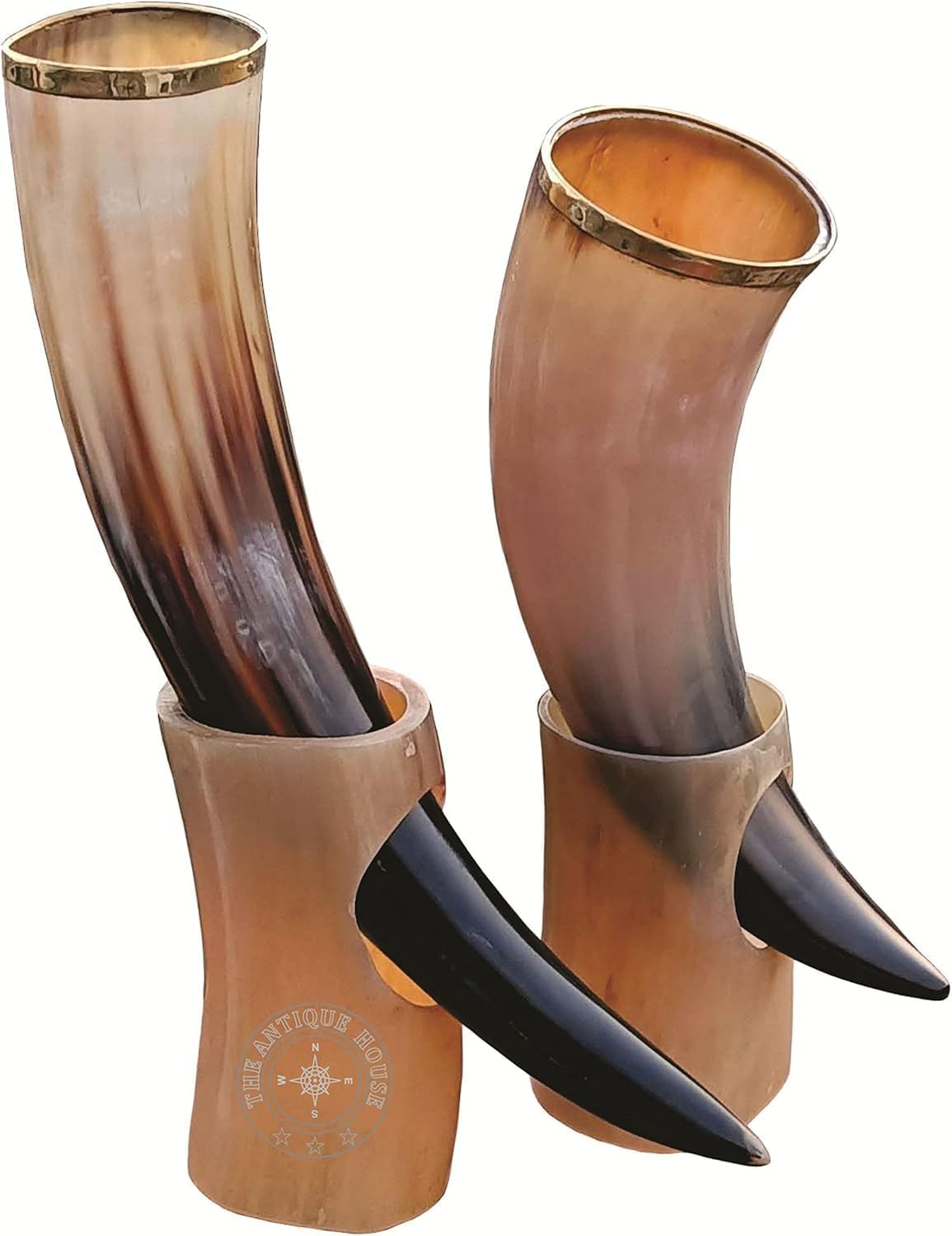 THE ANTIQUE HOUSE Set di due corno di bue con supporto, stile vichingo per birra, vino, idromele, regalo di nozze