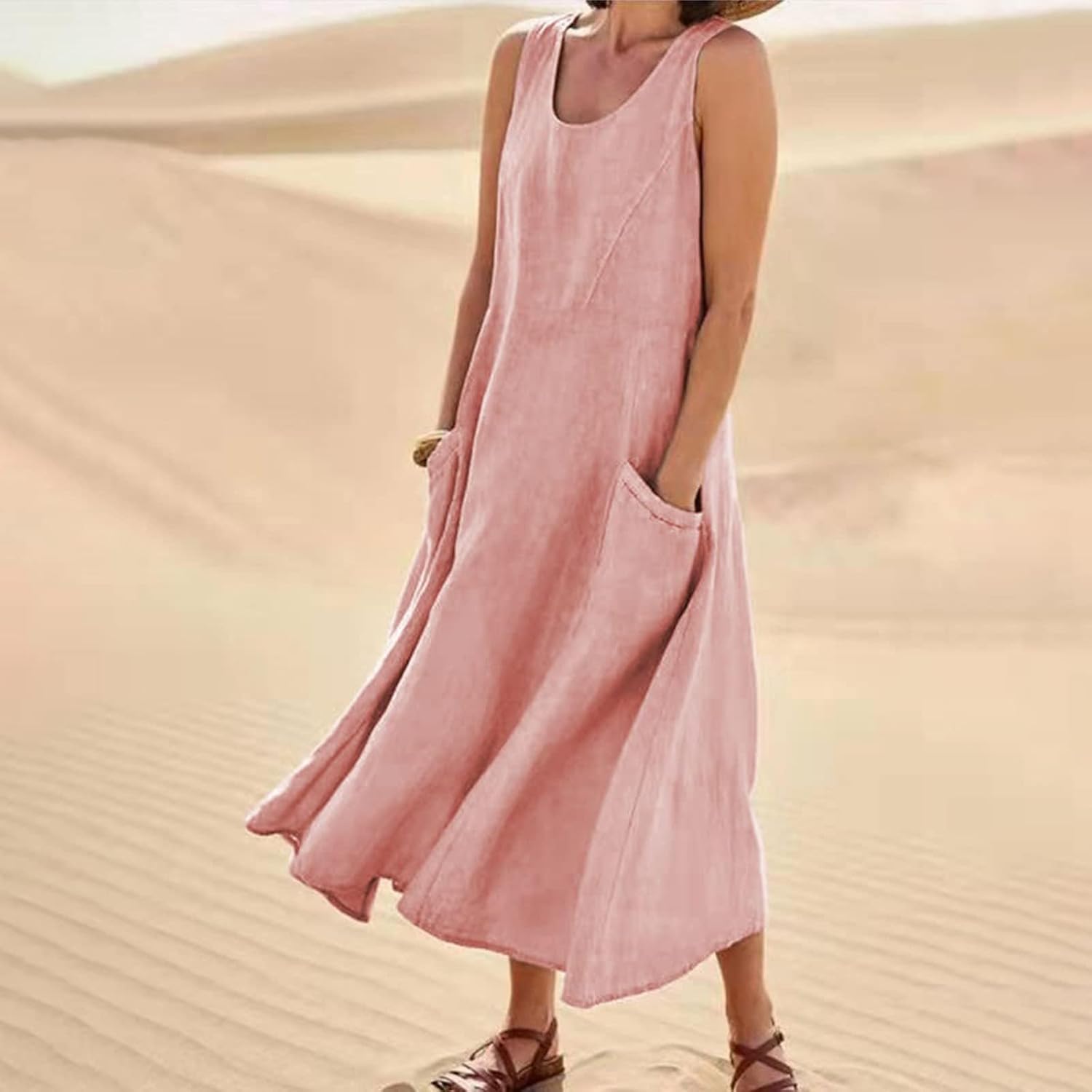 MARSVOVO Linen Dress for Women Maxi Dress Summer 2023 Cotton Sleeveless Loose Dresses Crewneck Flowy Long Dress with Pockets - Image 2